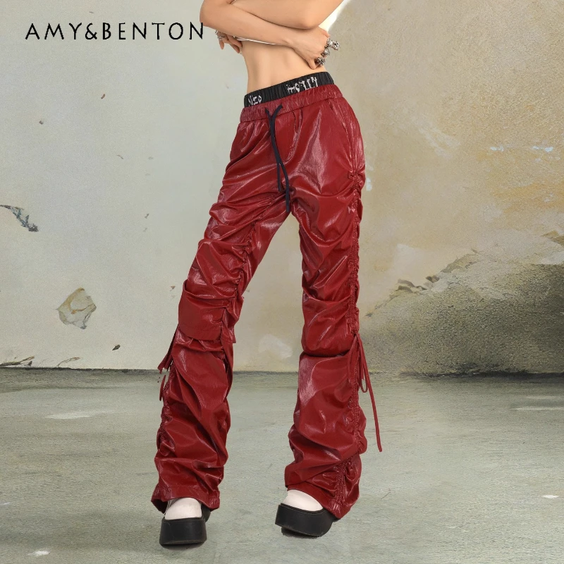 Original Design American Pleated Drawstring Red Women's Leather Pants Autumn New Sweet Cool Sexy Hot Girl Trousers Ladies Ladies