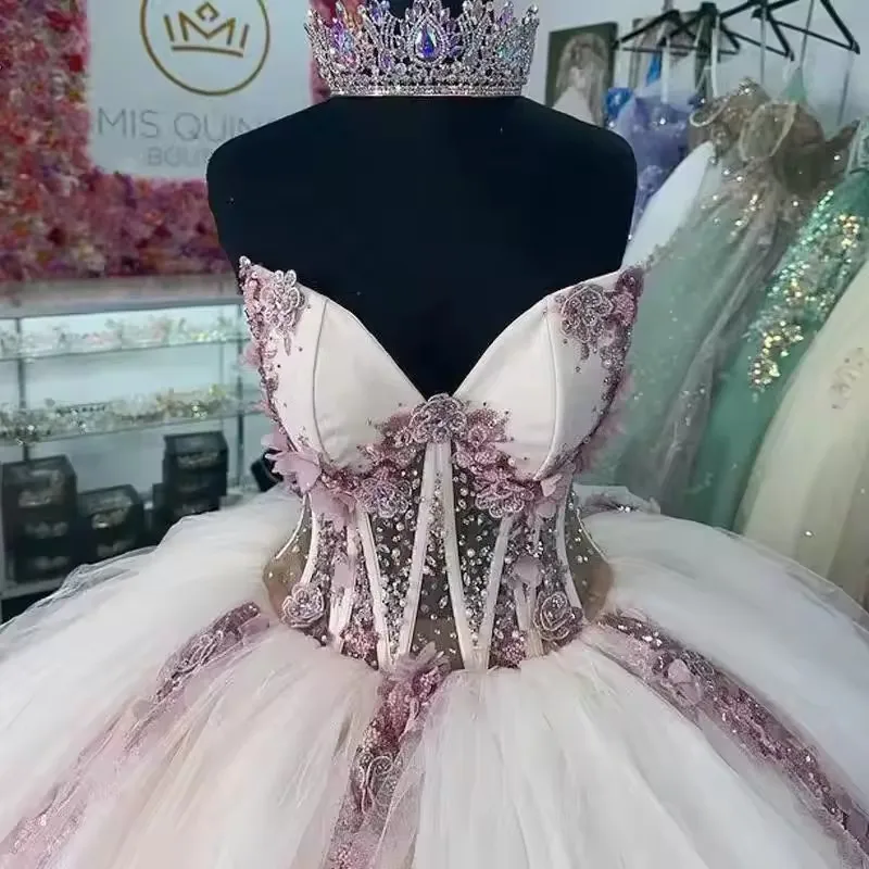 Vestidos De quinceañeras personalizados con hombros descubiertos, vestido para quinceañeras con cuentas y apliques De cristal, vestido De baile, 16 Vestidos para desfile