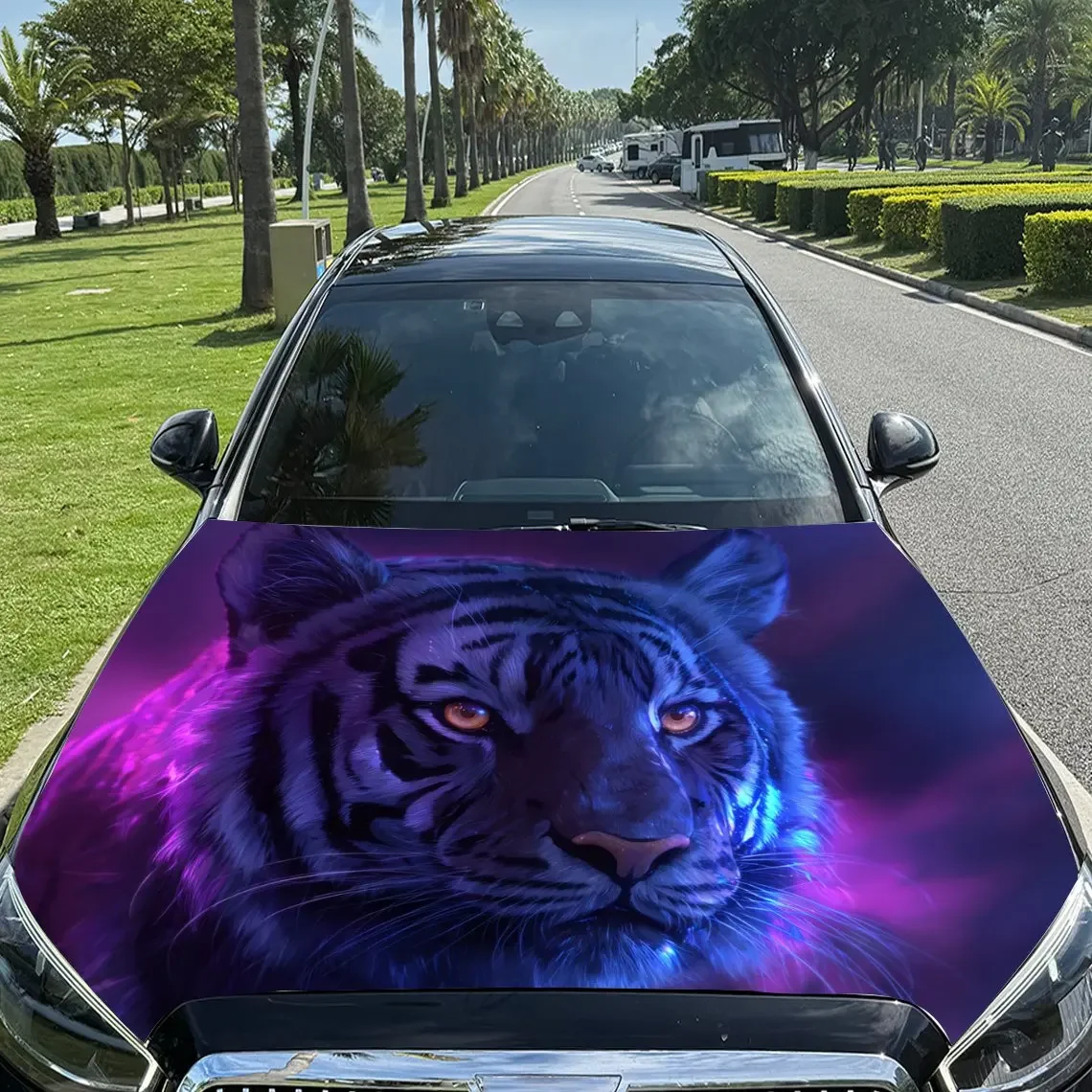 Tiger In Magical Purple Neon Car Hood Sticker,Waterproof Self-Adhesive Vinyl Graphics Decal,Decorative Auto Accessories Stickers