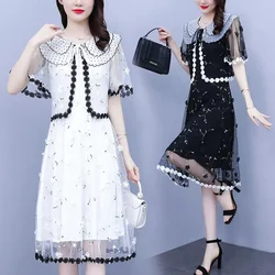 2024 Sunscreen Shirt, Floral Two-piece Suit Dress For Women's Summer New Chubby MM Super Fairy Doll Neck Embroidered Mesh Dress