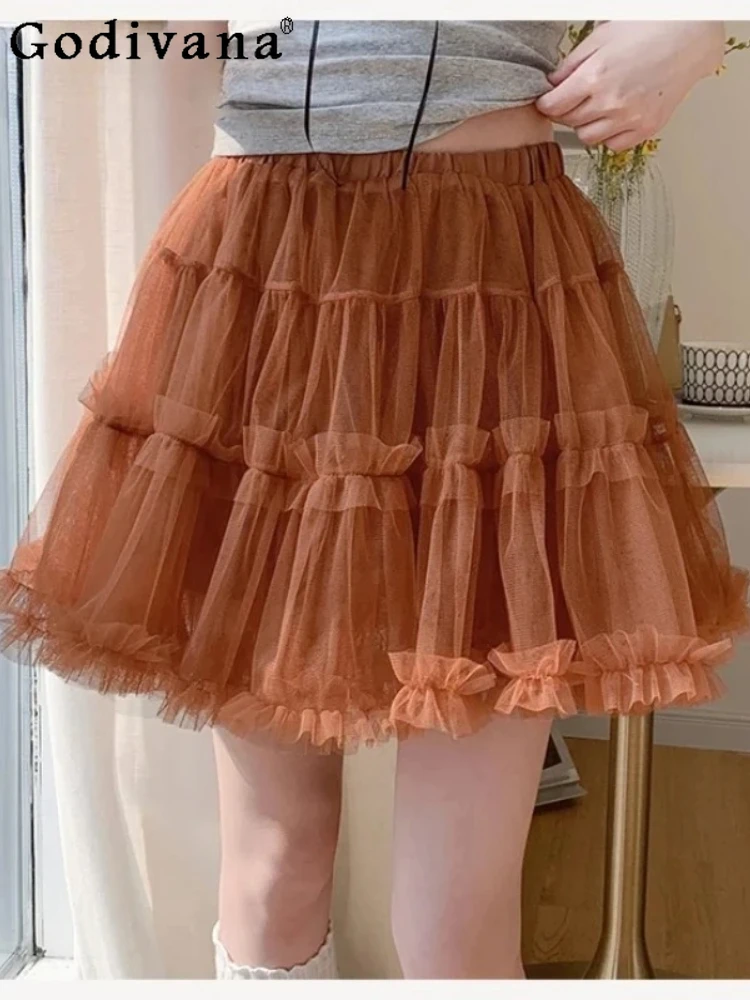 

Сплошной цвет, милая марлевая женская летняя юбка трапециевидной формы принцессы с высокой талией, балетный стиль, оборки, универсальные короткие юбки феи