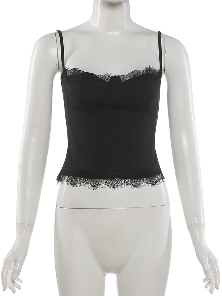 Weird Puss Spitzen-Patchwork-Camisole für Damen, tief ausgeschnitten, figurbetont, Musikfestival, Sommer, neuer Trend, sexy, Midnight Hottie, wilde Streetwear – Detail 2