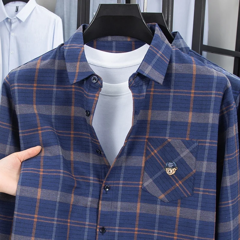 Korean-Style Leisure Men New Long-Sleeved Shirt Jacket Lapel Single-Breasted Grid Embroidery Shirt Fashion Trend Men's Clothing