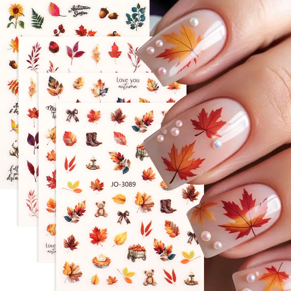 4pcs Fall Maple Leaf Nail Stickers Gradient Autumn Leaves Mushroom Designs Thanksgiving Pumpkin Nail Art Decals Decorations