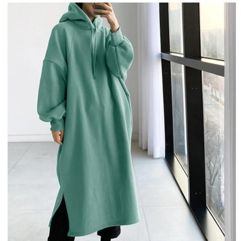 Thicken Autumn Winter Women Oversized Hoodie Long Dress Solid Fashion Long Sleeve Female Clothing Split Casual Loose New Dresses