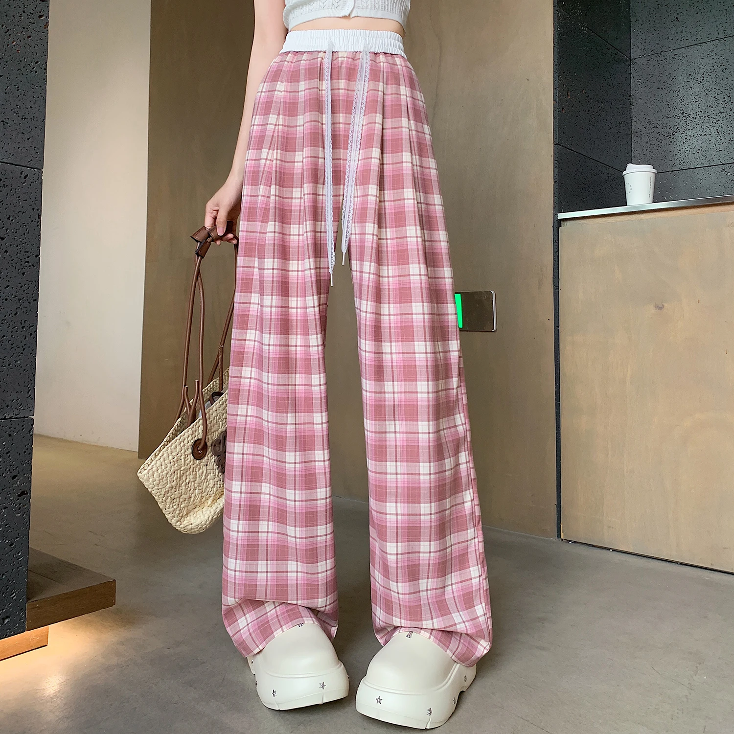 Woman Summer Plaid Pants Women Lace Drawstring Wide Leg Trousers Female Casual High Waist Checkered Pants P13