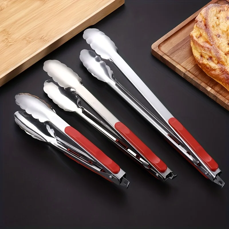 3pcs, Stainless Steel Kitchen Cooking Tongs, Sturdy Grilling Barbeque Brushed Locking Food Tongs With Ergonomic Grip,