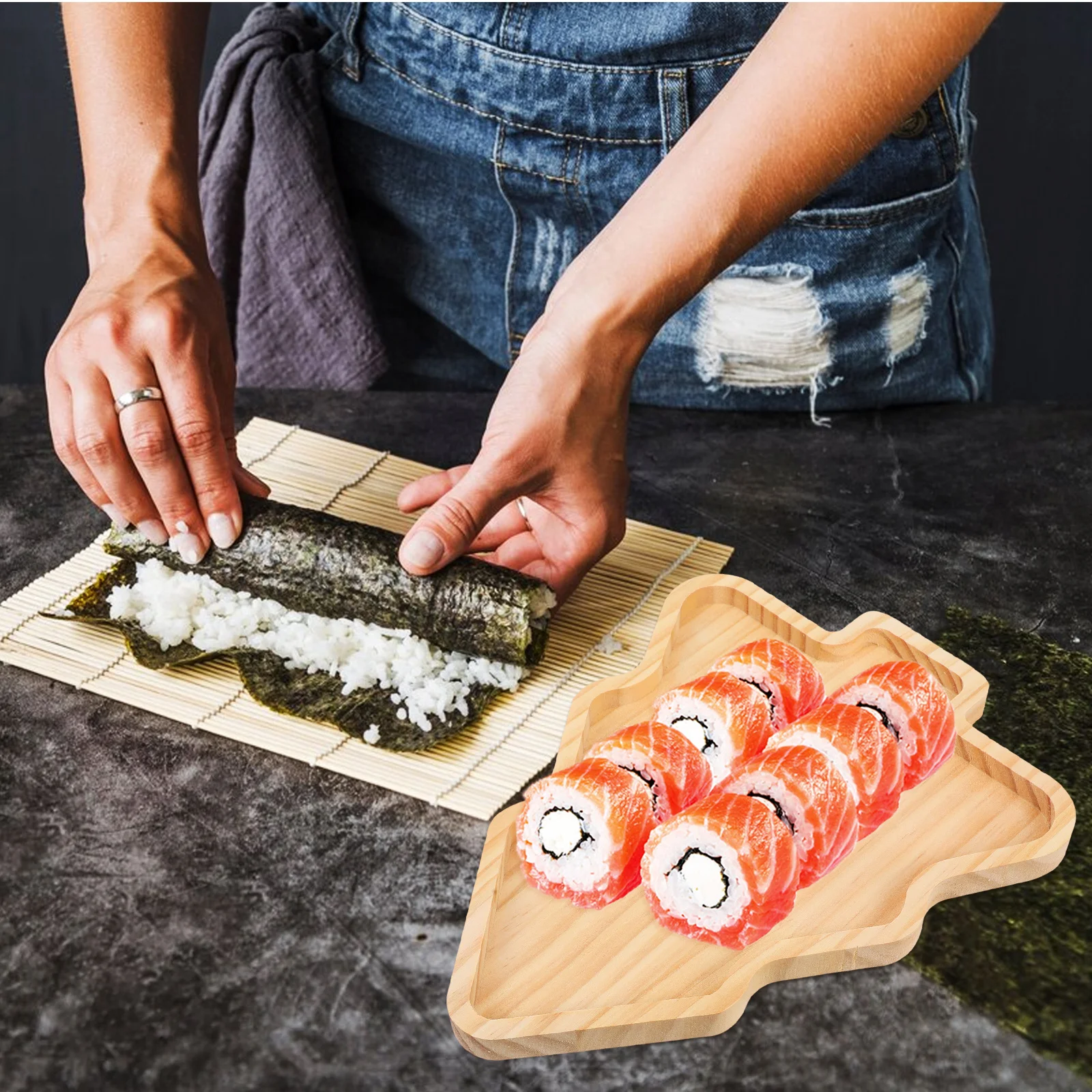 

Wooden Christmas Tree Shaped Appetizer Tray Sushi Serving Plate Japanese Sashimi Snack Dessert Candy Dish Wooden Trays
