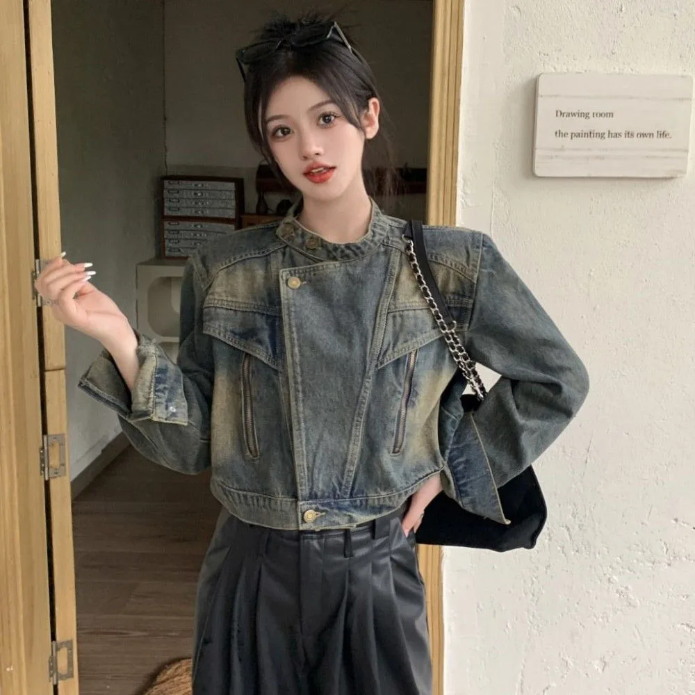 2024 Spring Autumn Denim Women Vintage Cropped Chic Cargo Zipper Y2k Stand Up Casual Long Sleeve Jeans Coat Outerwear