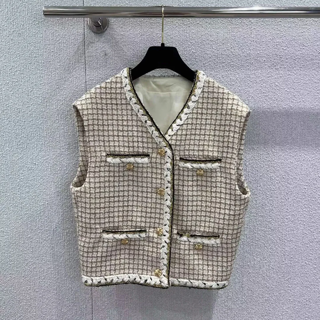 New Spring Fashion Gold Thread Woven Plaid Wool Blends Tweed Vest Jacket Women V-neck Single Breasted Sleeveless Cute Short Tank