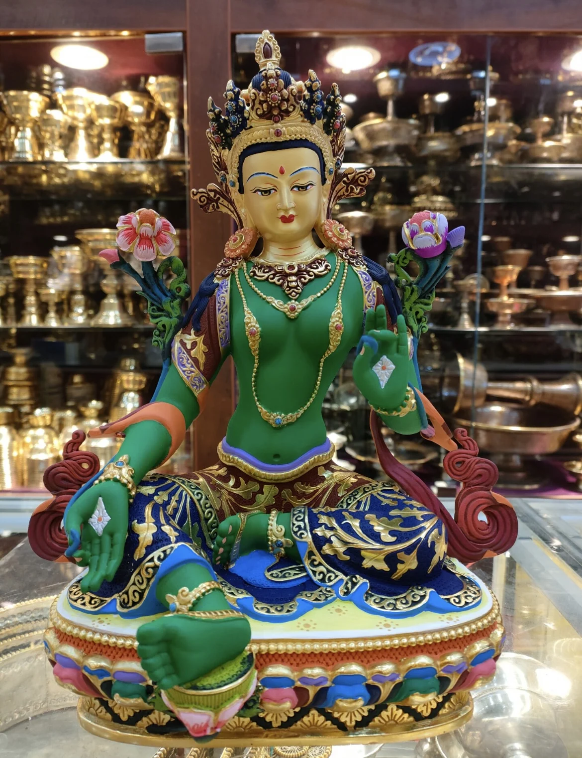31cm large Buddhism TOP grade color Painted copper Green Tara Bodhisattva Buddha HOME Temple Worship efficacious protection