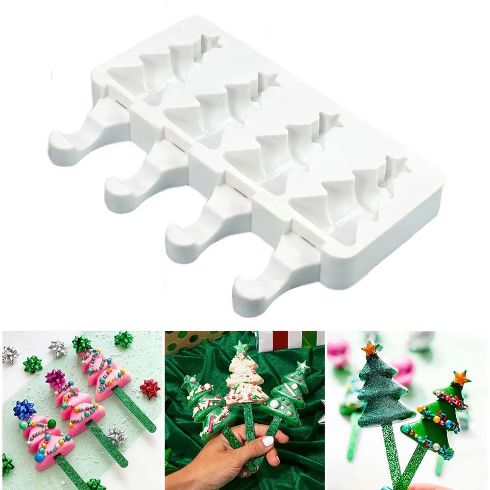 

New 4 Cells Christmas Tree Silicone Ice Cream Mold Star Popsicle Mold Ice Pop Cube Popsicle Barrel Dessert DIY Mould Maker Tool