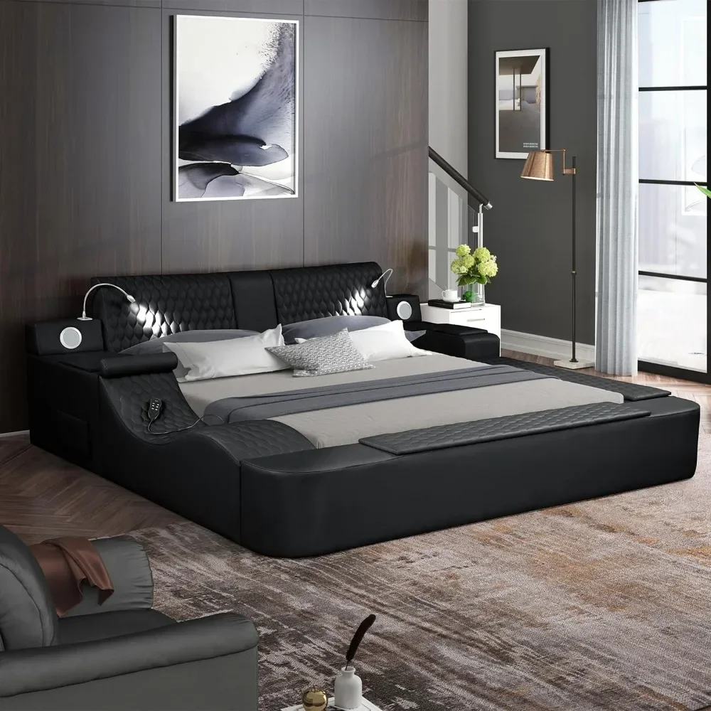 King Size Multifunctional Luxury Bed Frame with Adjustable Leather Headboard Massage Recliner The Left, Luxury Bed Frames