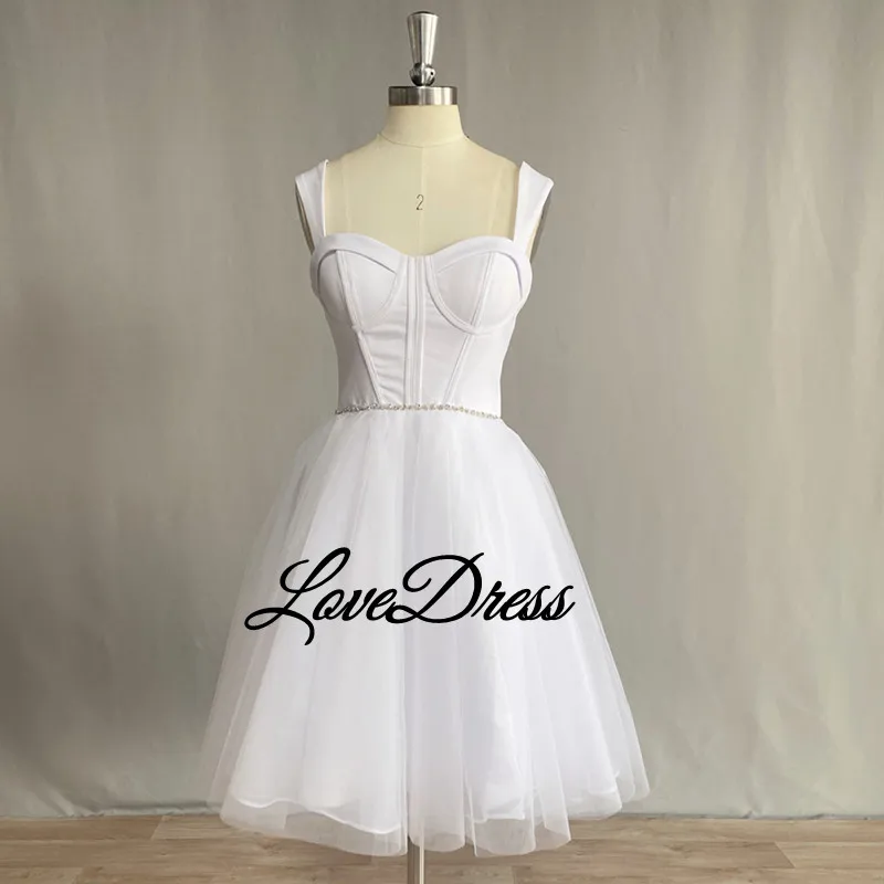 LoveDress-فستان زفاف قصير بخط واحد ، فستان عروس من التل عاري الظهر ، سحاب بلا أكمام ، صور حقيقية ، مثير ، مثير