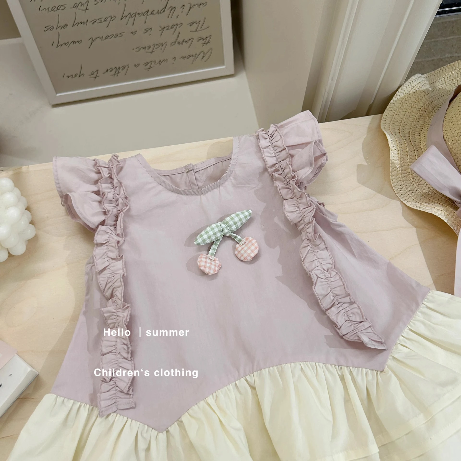 2-8Y Girls Summer Purple Dress Patchwork A-Line Princess Outfits Dresses Flying Sleeve Cute Casual Pullover Dress With Hat