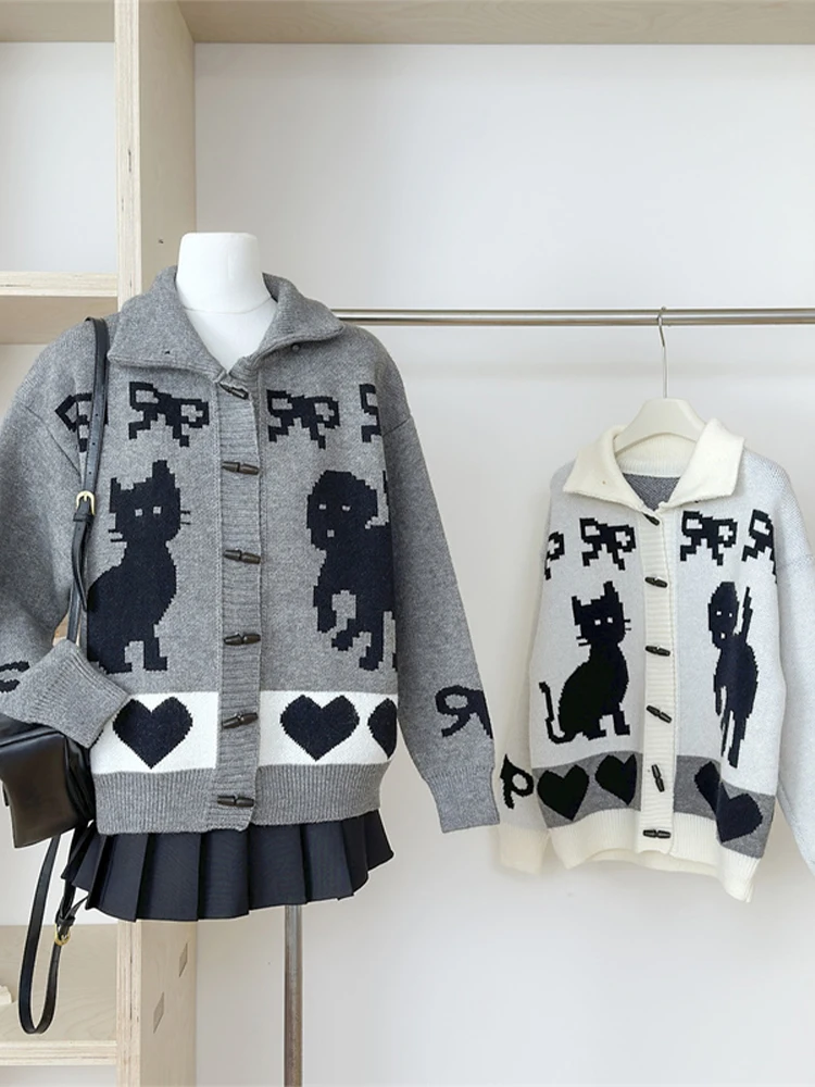 

Women's Grey Cardigan Cashmere Sweater Harajuku Korean Y2k Long Sleeves Pattern Print Sweaters Jumper 90s Vintage 2000s Clothes