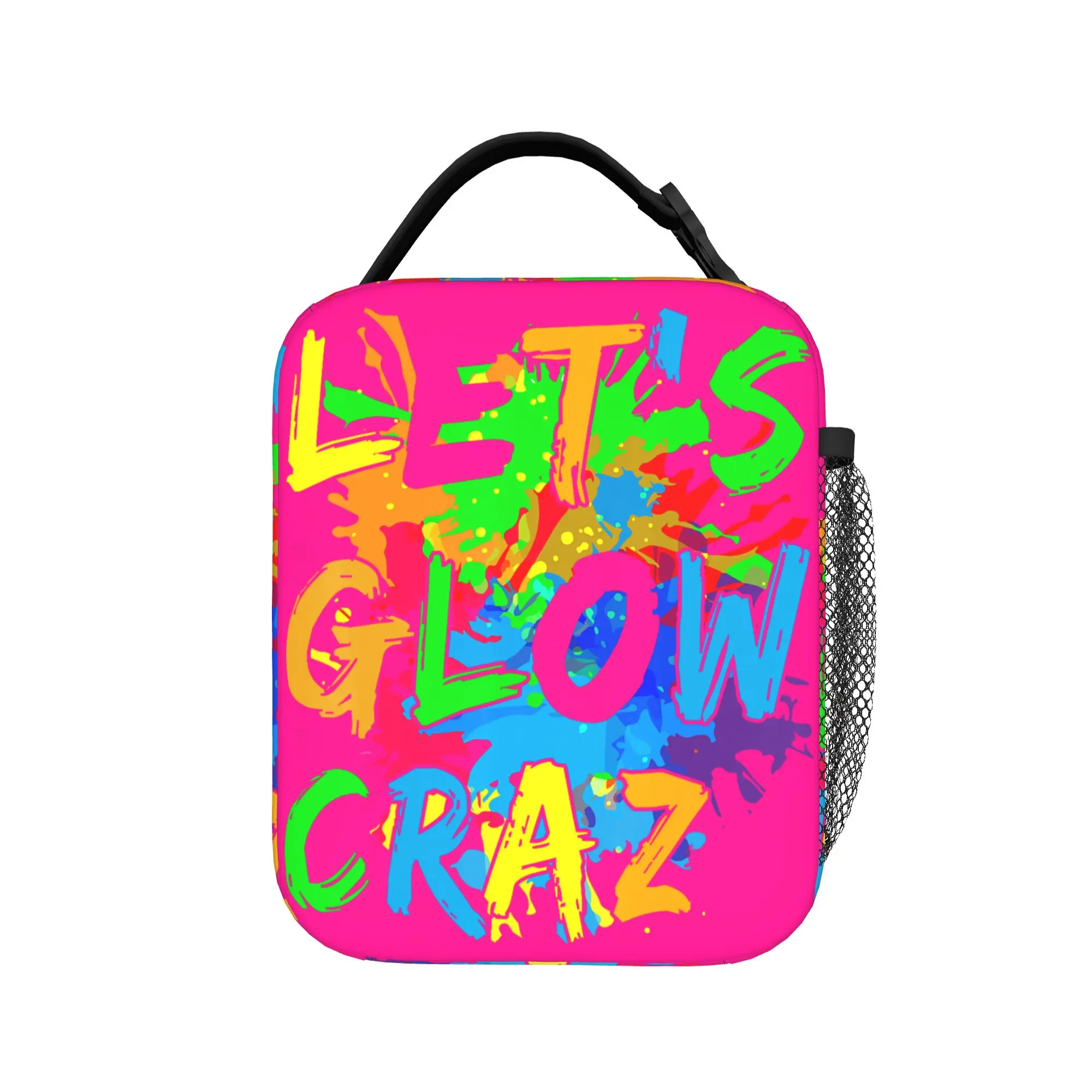 Party 80s Group Team Lets Crazy Colorful Quote Glowing Lunch Bag Travel Lunch Box For Child Graphic Thermal Tote Cooler Bag