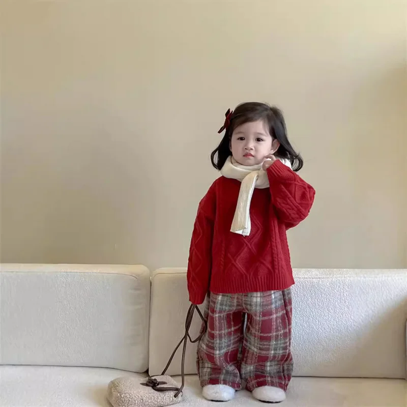 

Children's Clothing New Winter Girls' Set Christmas New Year Diamond Grid Knitted Sweater+Red Plaid Trousers