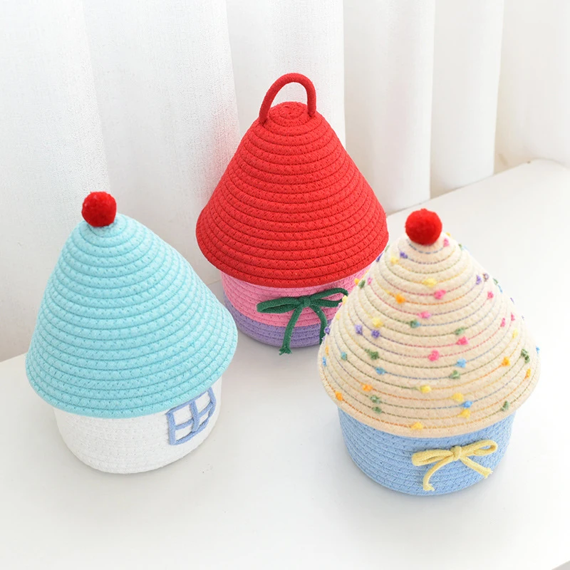 Cartoon House Shape Woven Storage Basket with Lid Cute Bedroom Storage Toy Baskets Cotton Rope Braid Baskets Snack Storage