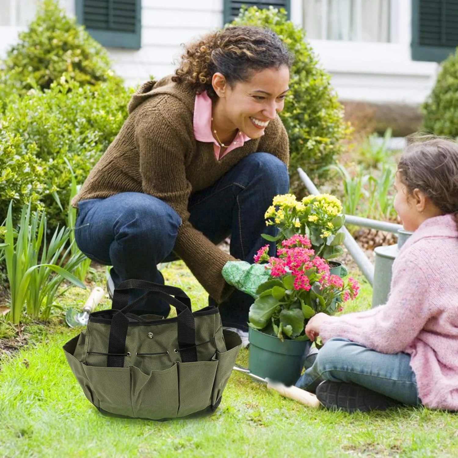 Sturdy Heavy-Duty Canvas Garden Buggy Bag Tote with Tool Pouch for Tools, Durable Holder for Hand Tools, Shovel Slot Included