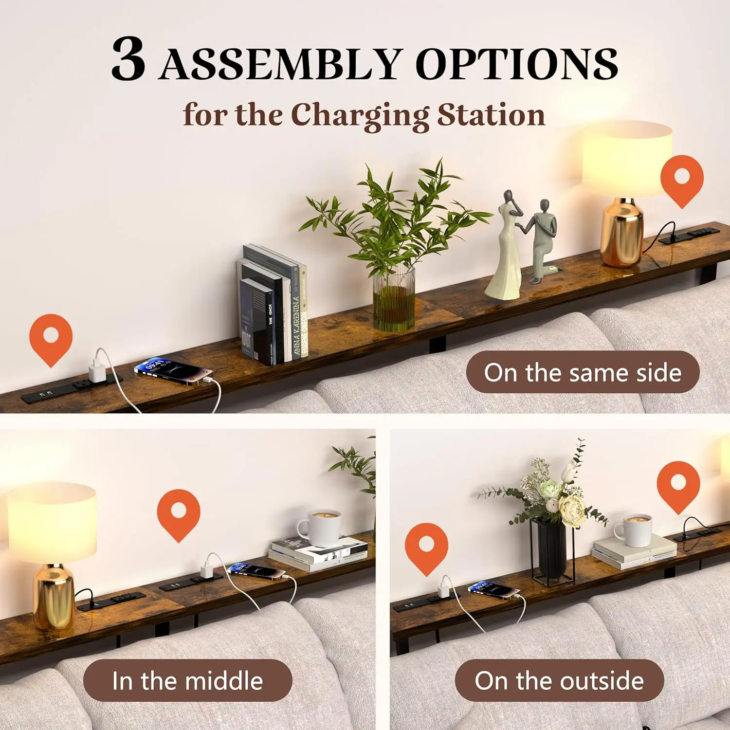102" Sofa Table with Built-in Power Strip, 4 AC Outlets & 4 USB Ports, Metal Frame, Easy Assembly for Living Room