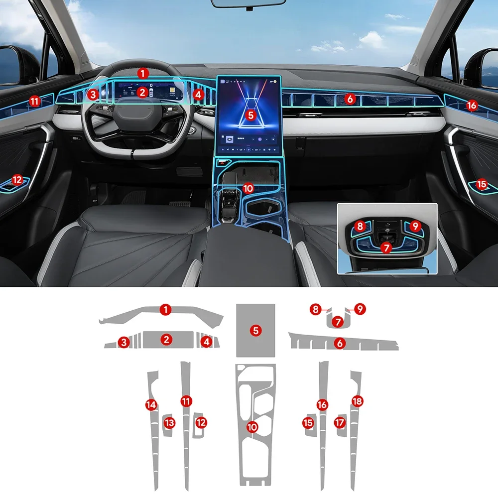 

For Geely Atlas Boyue 2023 2024 Interior Film TPU Sticker Center Console Gear Navigator Door Accessories Transparent Protective