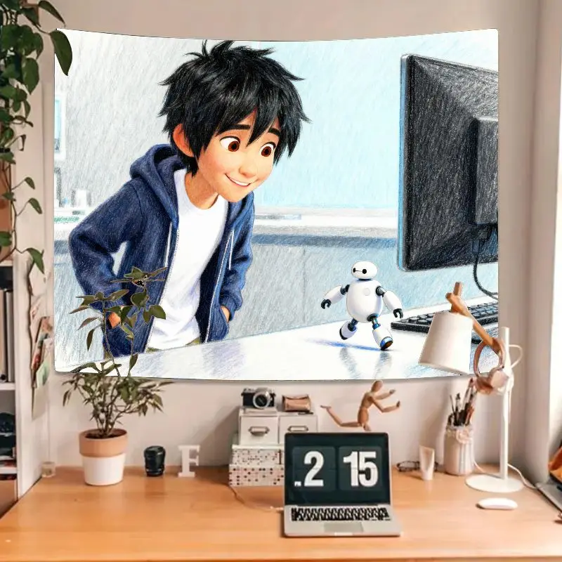 1 tapiz de Anime Big Hero 6 Hiro Hamada Baymax, decoración artística de pared de poliéster moderna para habitación de niños, dormitorio, regalo de seguidor de película