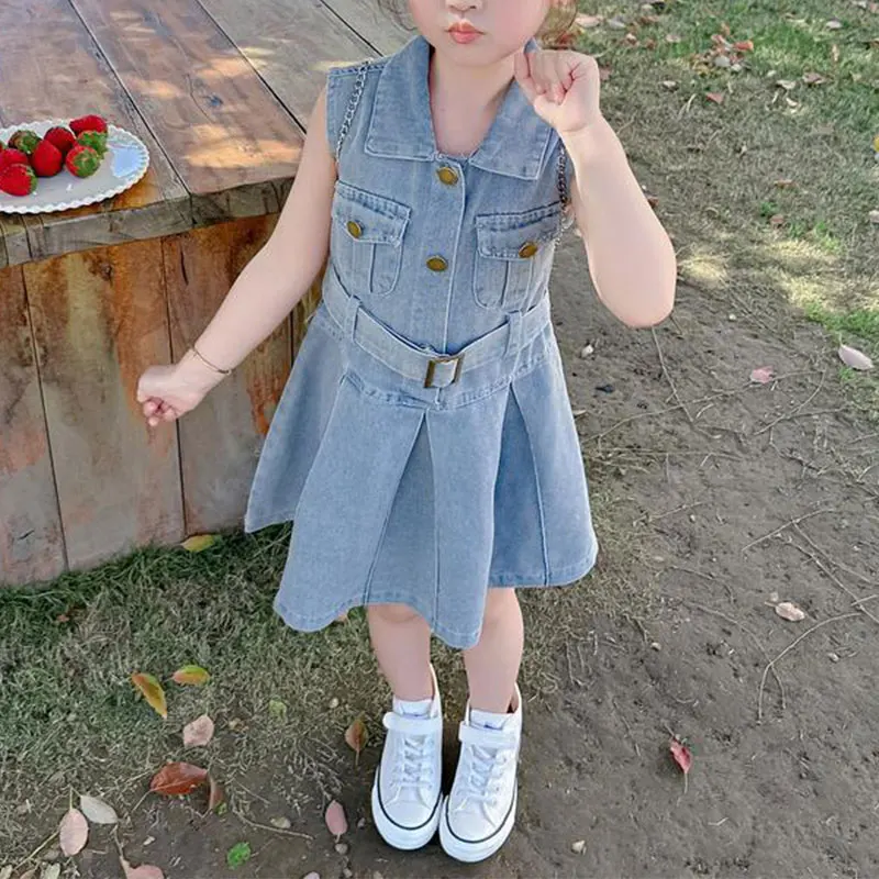 2024 Elegant Fashion Harajuku Slim Fit Children Clothes Loose Casual All Match Vest Skirt Solid Button Sleeveless Denim Dress