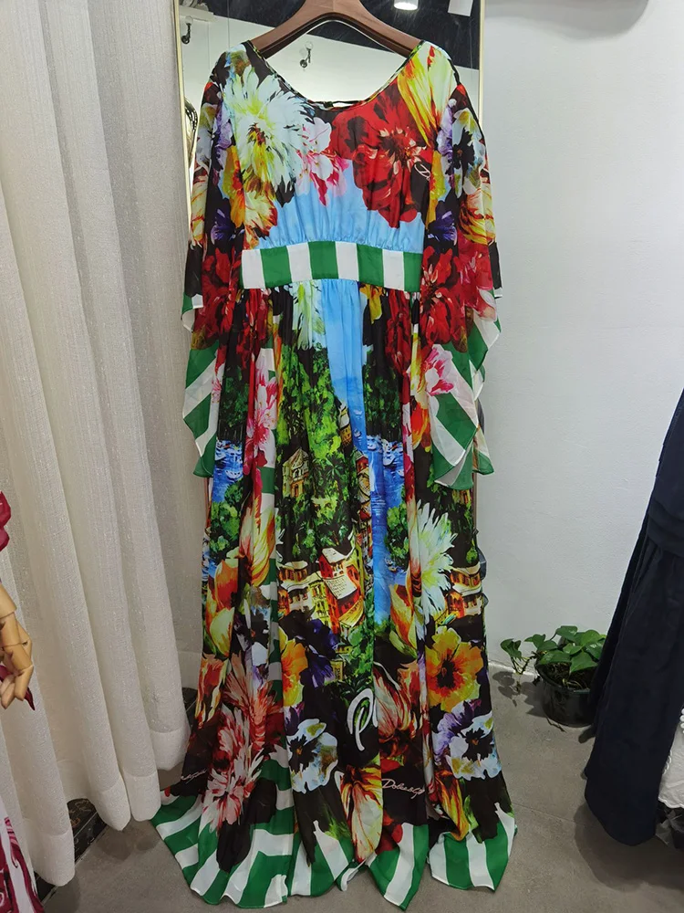 Women\'s Chiffon Silk Full Long Dress, Half Flare Sleeve, Sicilian Printing, Autumn Fashion, Elegant, Party, Vacation