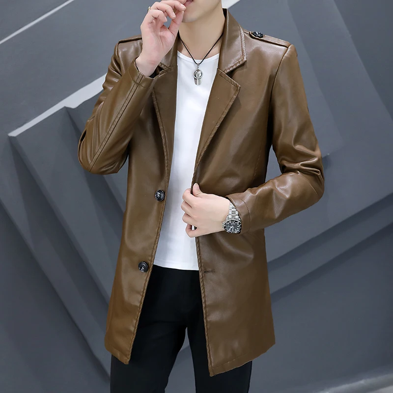 

Khaki Long Leather Jackets For Mens Slim Fit Pu Overcoats Autumn Winter Steampunk Style Stylish Clothing Imitation Leather Coats