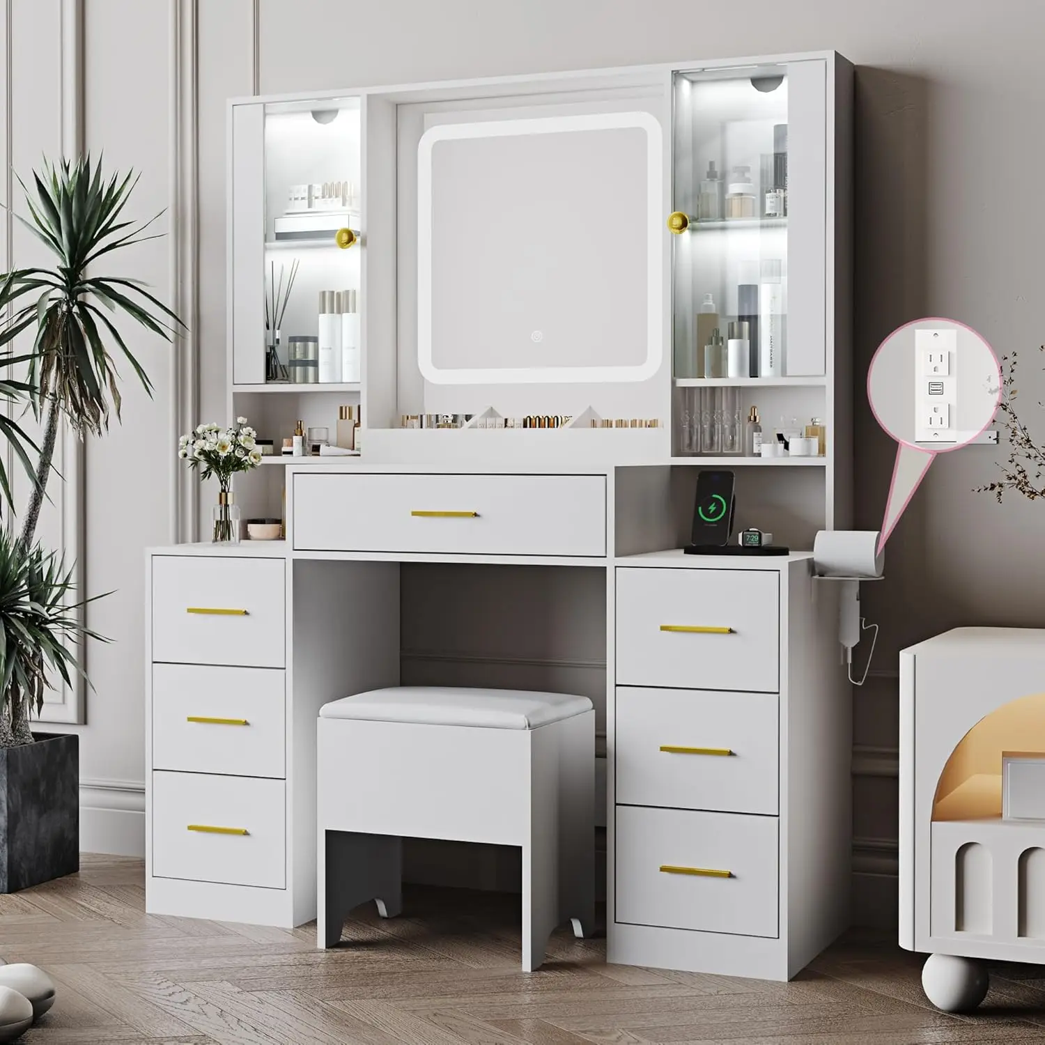 Makeup Vanity with LED Light Strip Mirror and Chair, 7 Drawers & 2 RGB Cabinets White Vanity Makeup Desk with Power Strip