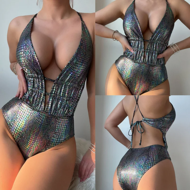 

New drawstring backless laser shiny sexy one-piece swimsuit bikinibikini