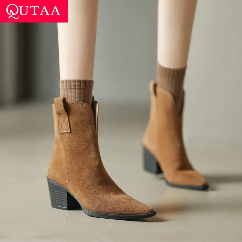 

QUTAA 2024 Cow Suede Women Genuine Leather Ankle Boots Thick High Heels Lady Shoes Woman Autumn Winter Chelsea Short Size 34-39