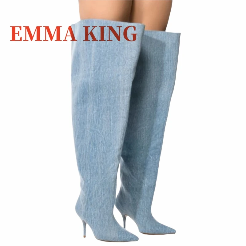 الدنيم الفخذ العليا خنجر الأحذية مثير أشار تو فوق الركبة الانزلاق على أحذية مثير النساء الخريف الشتاء فستان الحفلات الأحذية الأحذية