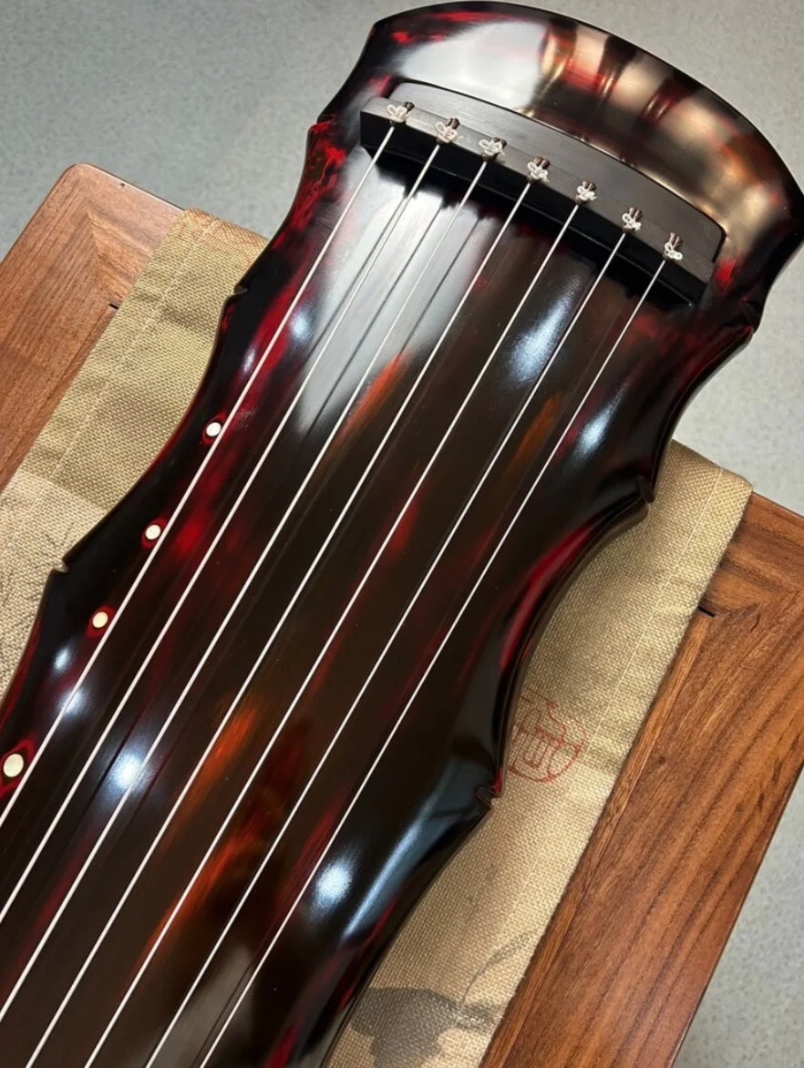Bamboo Joint Style Guqin Old Chinese Fir Pure Raw Lacquer Cinnabar Red 7 Strings Traditional Chinese Stringed Musical Instrument