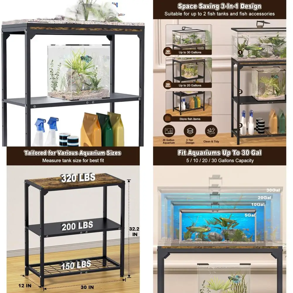 

Adjustable 3-Tier 20-30 Gallon Fish Tank Stand, Heavy-Duty Storage Rack for Home Office, 30L x 12W x 32.2H, Black