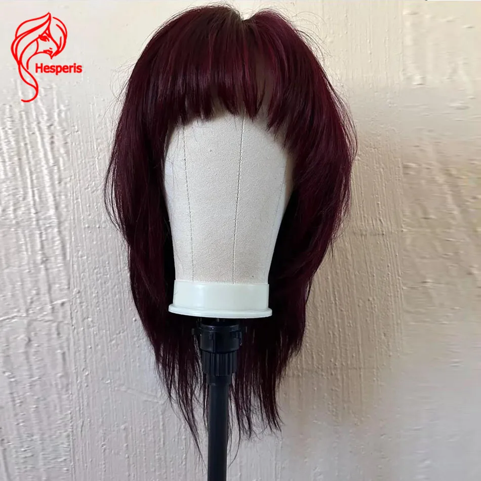 

Hesperis Burgundy Human Hair Wigs Straight Wolf Cut Wig 99J Red Colore Full Machine Made Wig With Bangs For Women