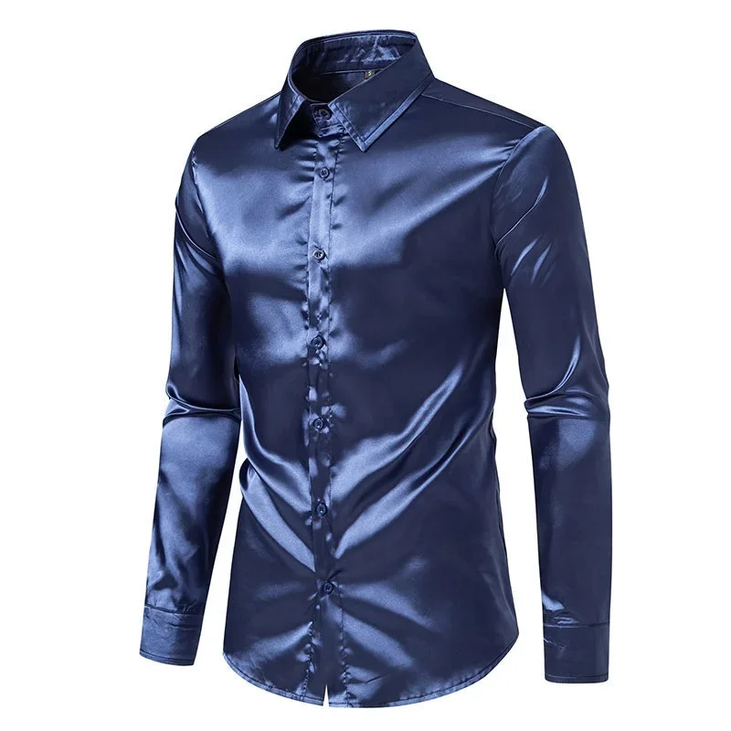 Camicia alla moda in raso da uomo primaverile e autunnale Camicia casual comoda con colletto a maniche lunghe alla moda in tinta unita con viso luminoso