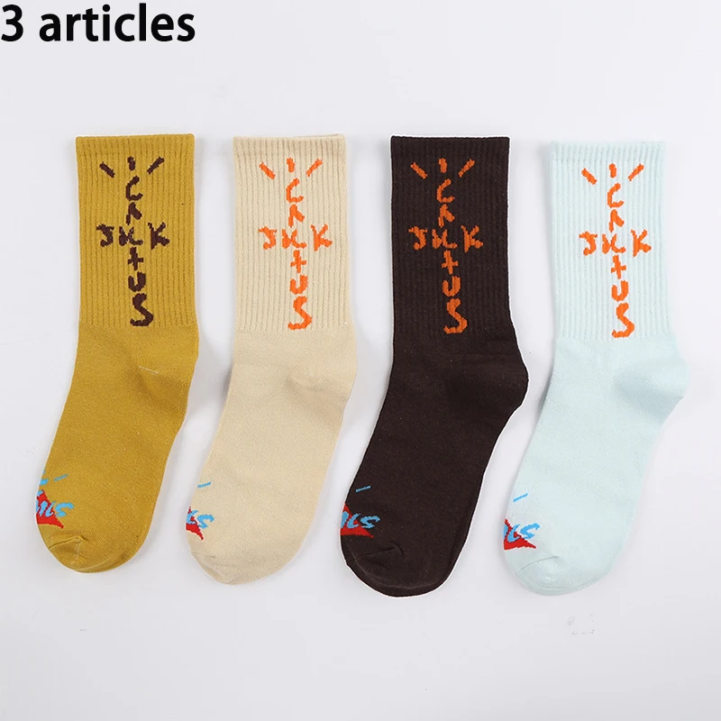 3 Pairs of Socks MEN\'S Mid-calf Socks Cotton Socks Street Letters Hip Hop Sports Socks Mid-calf