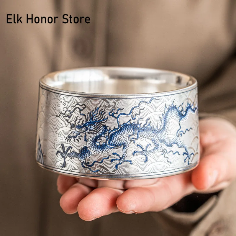 120ml High End Silver Plated Ceramic Teacup Blue and White Dragon Pattern Master Cup Chinese Jianzhan Kung Fu Tea Utensil Gifts