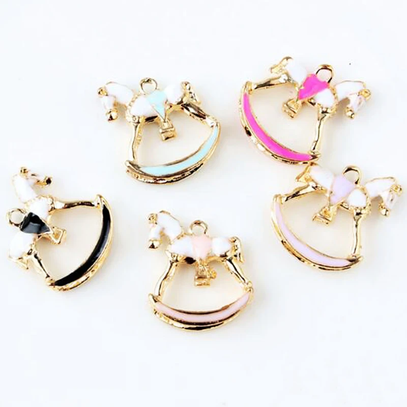 5pcs 22*25mm Diy Fashion Dangle Enamel Rocking Horse Charms, Metal Bracelet Pendant Necklace Bracelet Alloy Earring Accessories