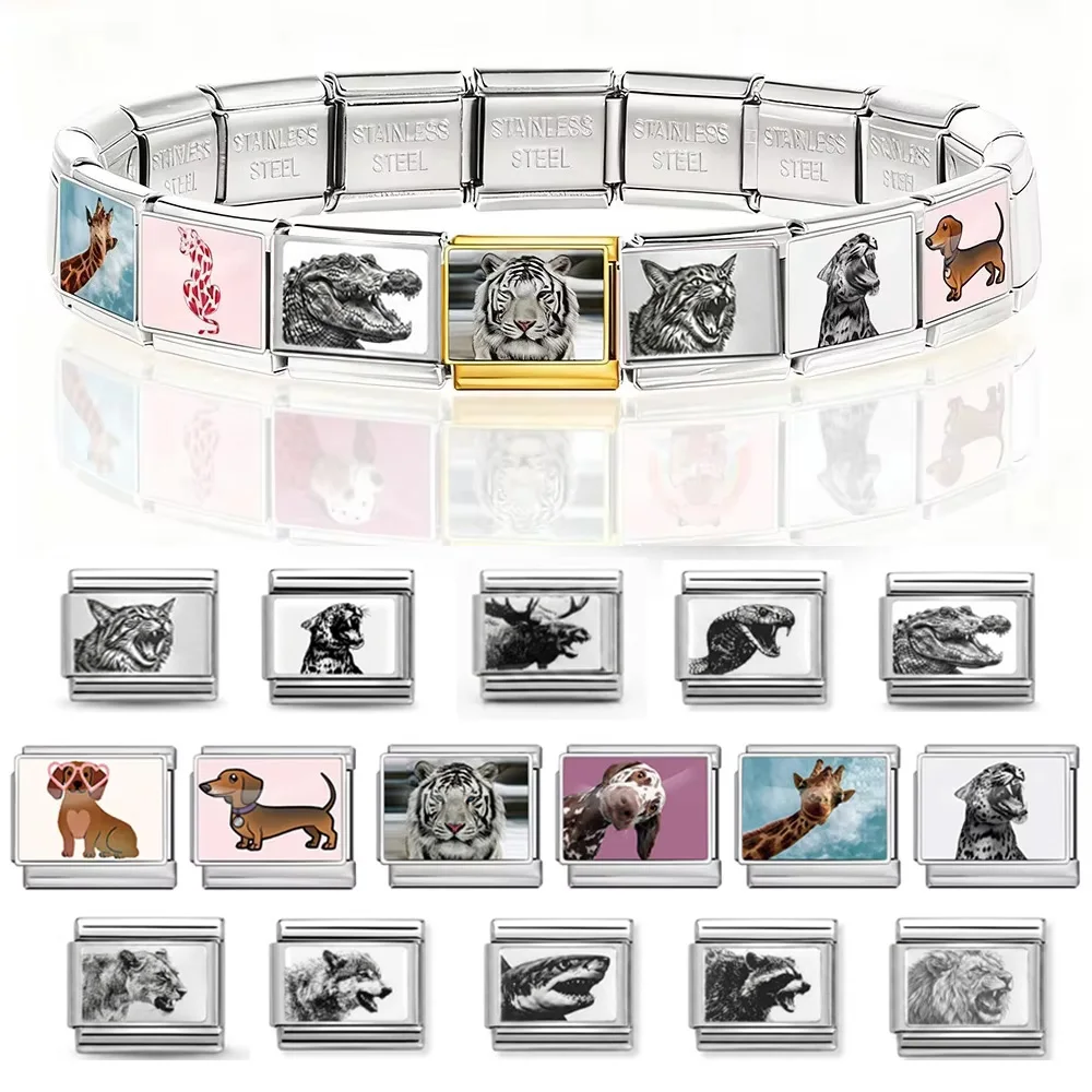 Série Animaux Chien Tigre Lion Ours, Maillons Italiens, Bracelet en Acier Inoxydable 9mm, Accessoires de Fabrication de Bijoux DIY