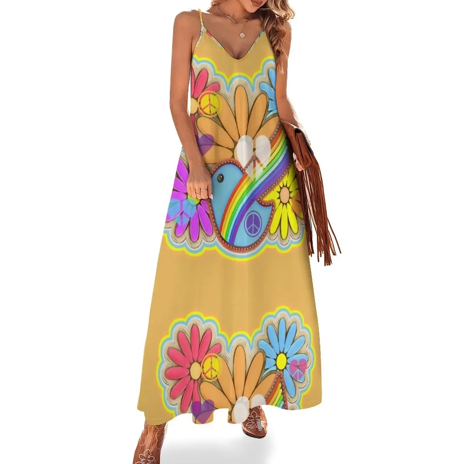 

Flower Power Hippy Retro Dove Design Sleeveless Dress Summer skirt women party dresses Dress