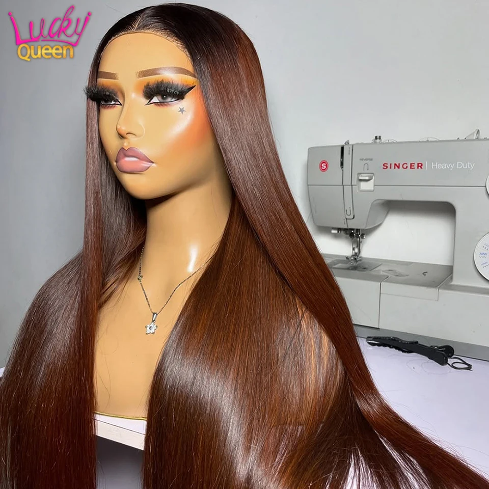 

Transparent Lace Ombre Chocolate Brown 180Density Human Brazilian Hair For Women Pre Plucked Frontal Closure Wigs Straight 13X6
