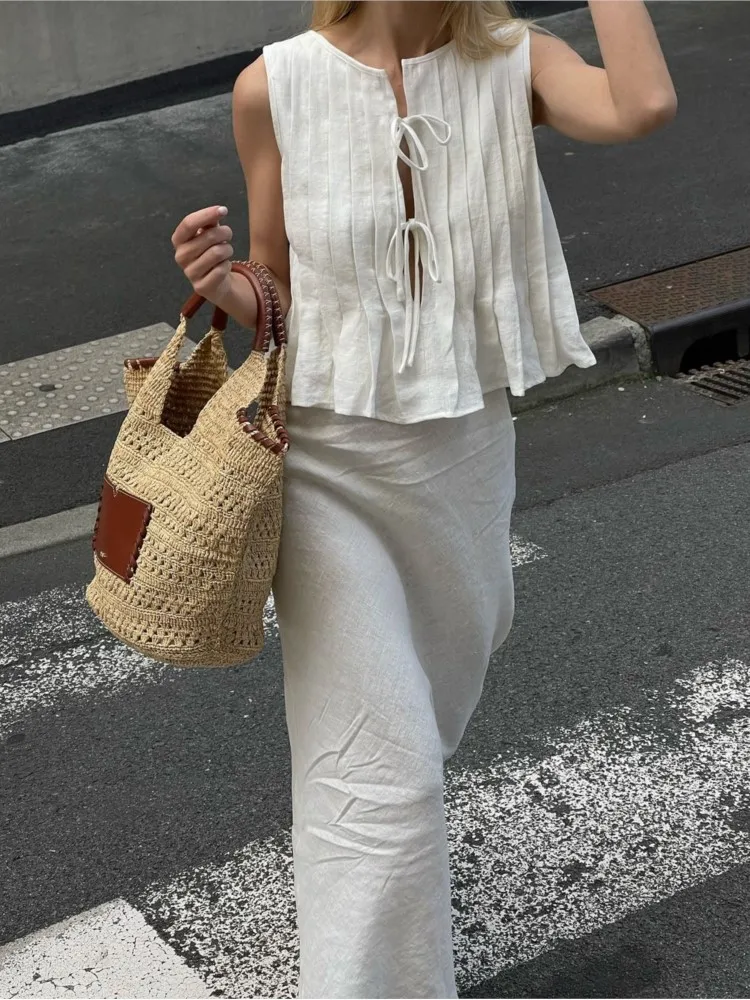 Terno de colete plissado sem mangas com renda com gola o com laço para mulheres, saia sólida elegante, saias longas senhora branca de cintura alta,