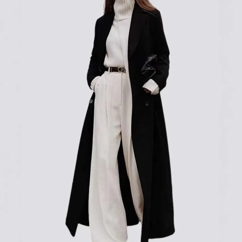 

Autumn Winter Women's Clothing V Neck Long Sleeve Casual Outerwear Elegant Wool Blend Coat For A Line Slim Fit