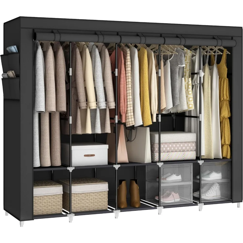 

83 Inch Wide Portable Closet Wardrobe, Clothes Storage Rack Organizer with Cover, Side Pockets, 5 Clothes Hanging Rods and 10 St