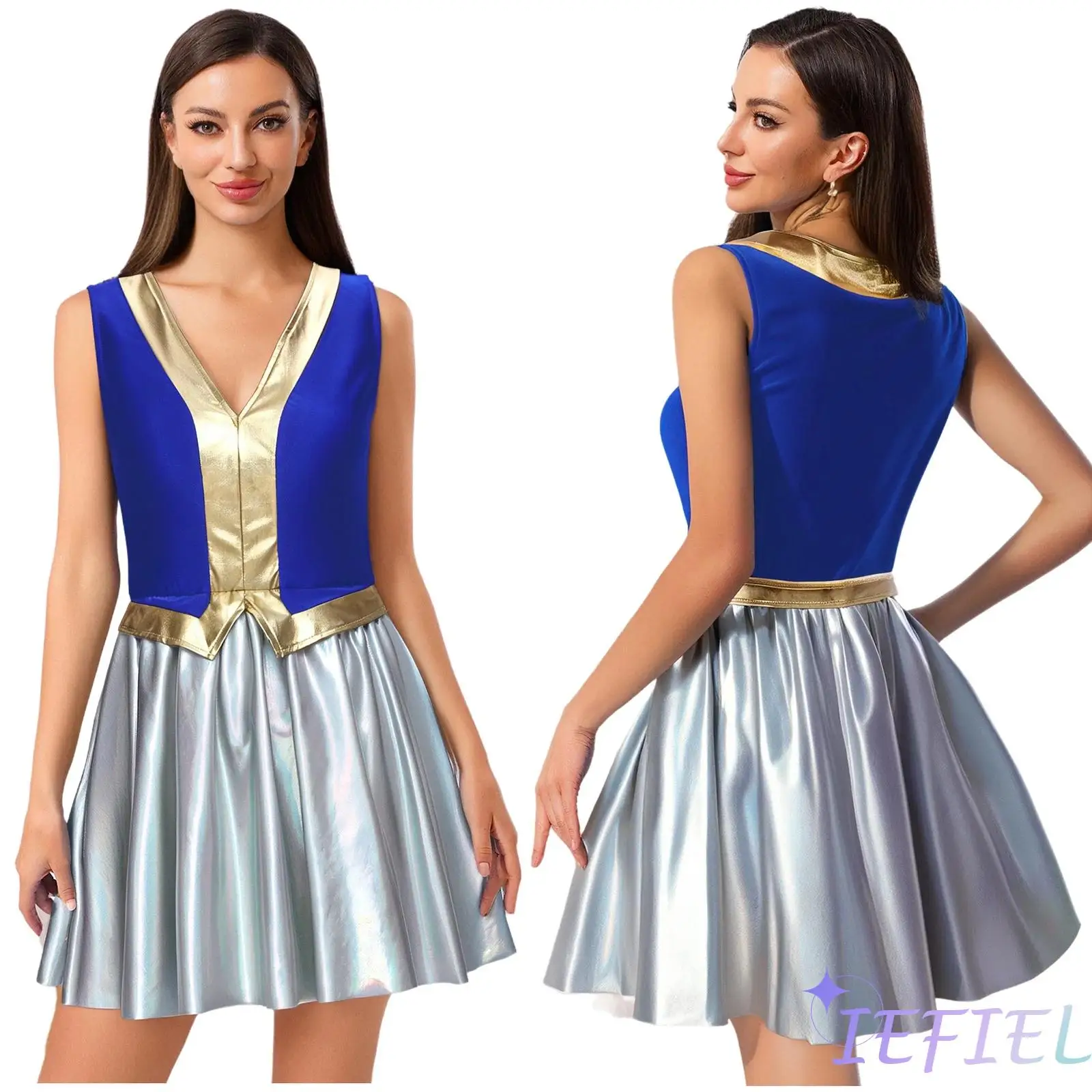 

Womens Halloween Arab Princess Cosplay Dress V Neck Sleeveless Contrast Color Metallic Shiny Dress for Club Masquerade Carnivals