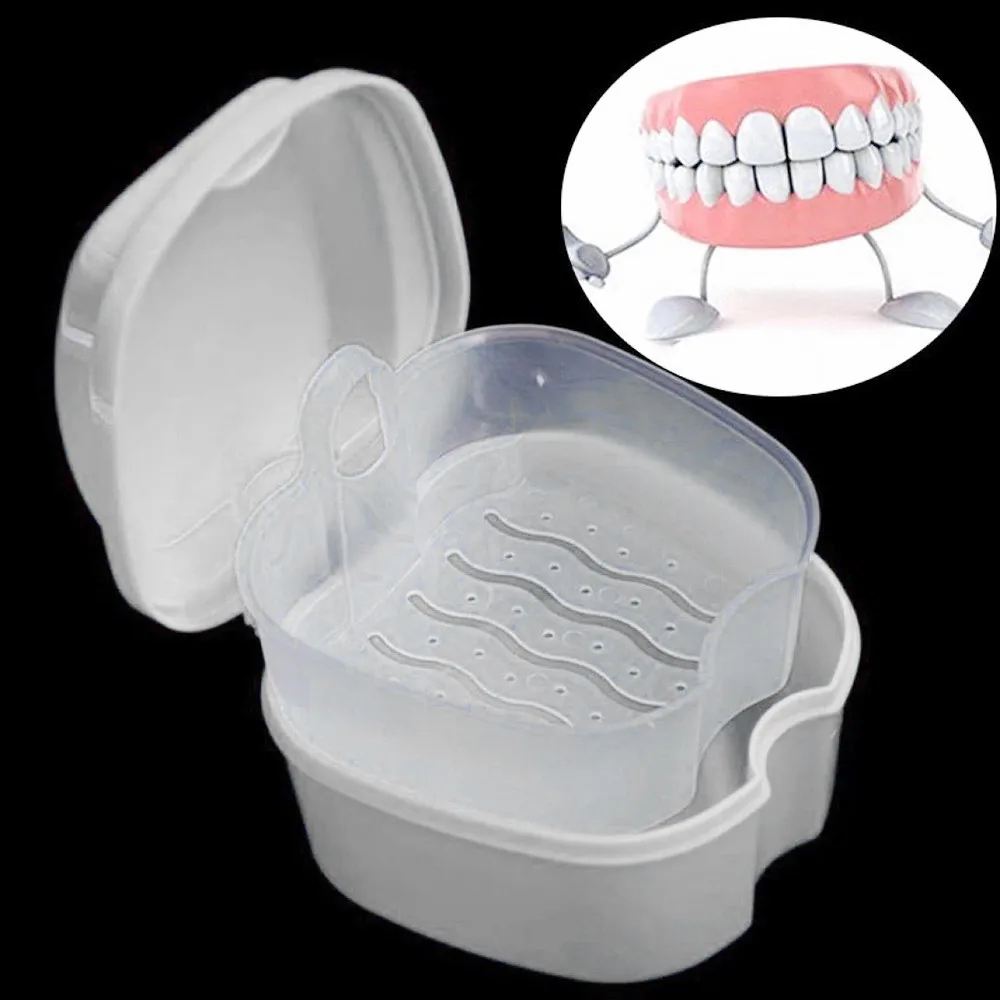 

Portable False Teeth Storage Box with Hanging Net Container Oral Denture Care Bath Box False Teeth Cleaning Nursing Organizer