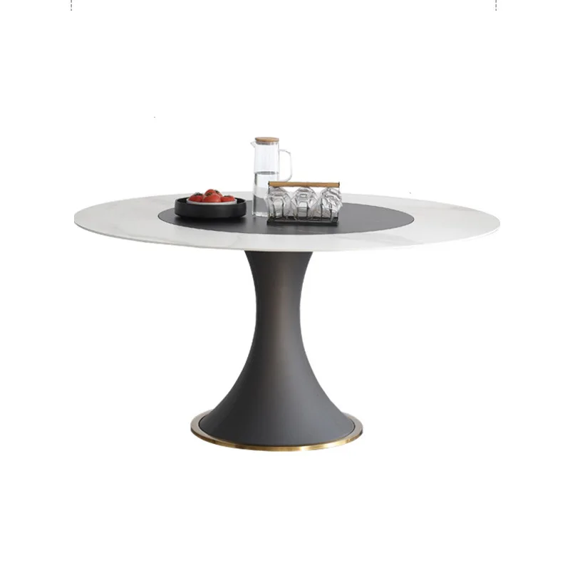 

Light luxury rock slab dining table and chair combination embedded rotating round home modern simple round table